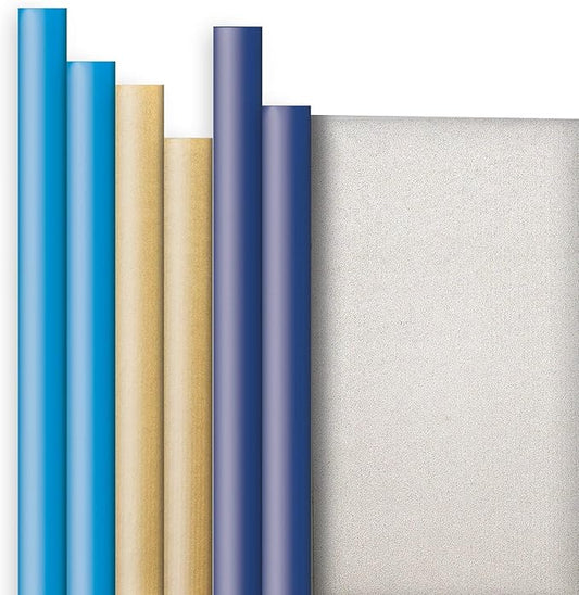 Jillson Roberts 6 Roll-Count Solid Color Hanukkah Gift Wrap Available in 2 Different Assortments, Double-Sided Kraft Blue and Gold/Silver and Gold/Royal and Silver