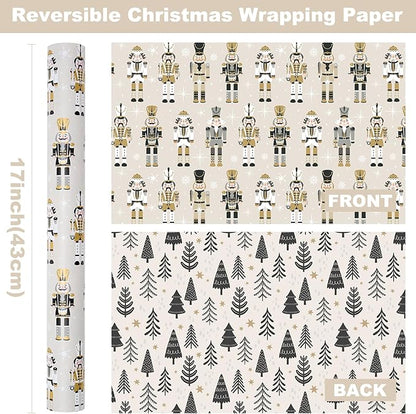 Ulmasinn Reversible Christmas Wrapping Paper Roll - 17" x33ft Double-Sided Designs with Luxury, Gold Nutcracker & Minimalist Black Forest, Xmas Gift Wrap for Presents, Table Decor & Crafting