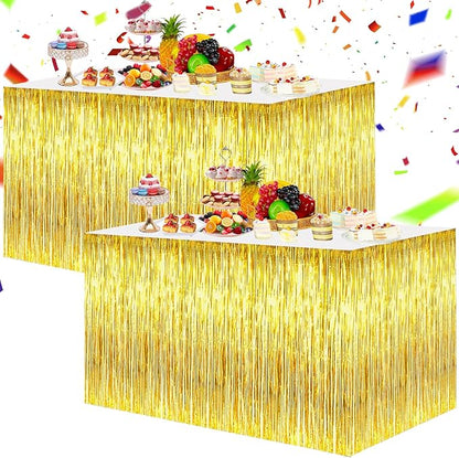 BEISHIDA 2 Pack Gold Metallic Tinsel Foil Fringe Table Skirts - Decors for Rectangle & Round Tables - Birthday & Holiday Party