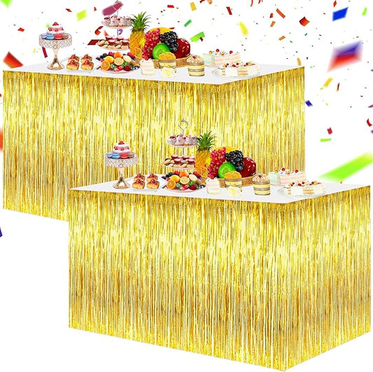 BEISHIDA 2 Pack Gold Metallic Tinsel Foil Fringe Table Skirts - Decors for Rectangle & Round Tables - Birthday & Holiday Party