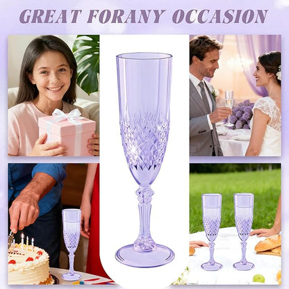 Plastic Champagne Flutes, 12PCS Purple Wine Glasses Goblets Cups Reusable Flute, for Weddings Bachelor Parties Toasting and Events(12,Purple)