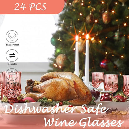 Plastic Wine Glasses，Plastic Goblets Vintage Style Cordial Drinking Glasses for Wedding Reception, Grand Event Party Supplies (24, Rose Gold)