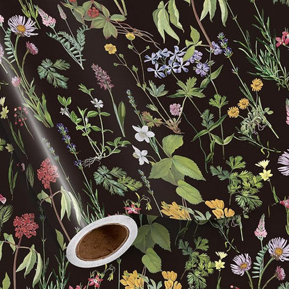 RUSPEPA Wild Flower Wrapping Paper Roll for Women Girls, Mini Roll, Elegant Black Floral Design Gift Wrap Paper Perfect for Birthday, Bridal Shower, Spring, Wedding, Mother's Day, 17 Inch x 16.4 Feet