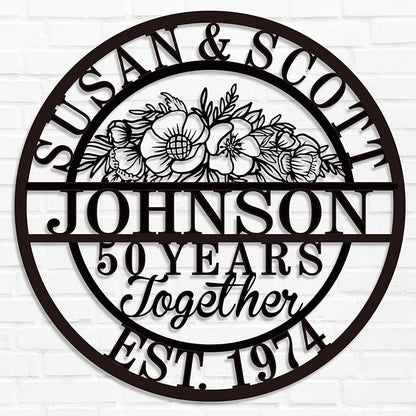 Custom 50th/40th/60th/70th/30th/1-99 Years Wedding Anniversary Sign Gifts for Couples Parents, Custom Metal Monogram Sign Personalized Family Name Signs (Flowers)