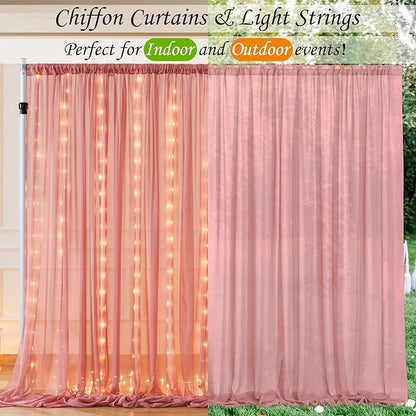 10ft x 7ft Dusty Rose Chiffon Backdrop Curtain with Lights String for Parites Wedding Wrinkle Free Curtain Photo Backdrops Drapes for Baby Shower Birthday Party Home Decorations