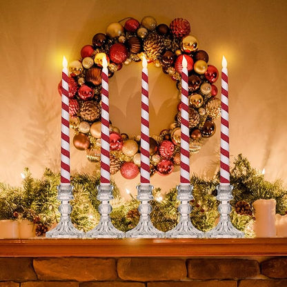 Baquler 6 Pcs Christmas Flameless Taper Candles 10.6 Inch Glitter Candy Cane Candles Battery Operated LED Christmas Candlesticks for Xmas Centerpiece Holiday Party Decor