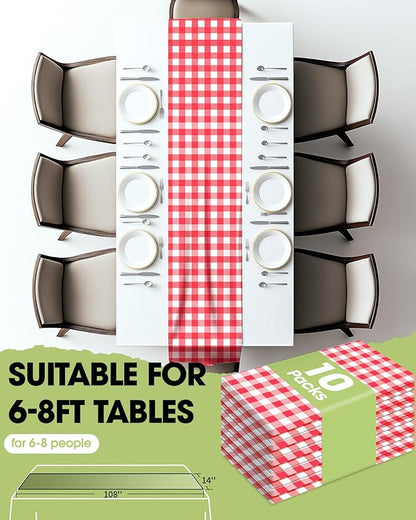 Pureegg Gingham Plastic Table Runners - 10 Pack, 14'' x 108'', Water Resistant & Disposable Plaid Centerpiece Decorations for Table Cloth, Birthday, Holiday, Party, Red and White Checkered Home Decor