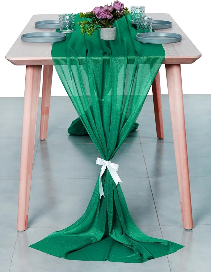 MDS 2 Pack 10ft Chiffon Table Runner 29 x 120 Inches Sheer Wedding Runner Romantic Rustic Table Runner for Wedding Decorations, Birthday Parties, Bridal Shower Party Arch Decor - Emerald Green