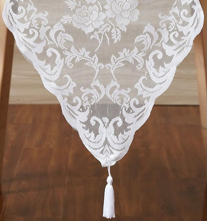 LinenZone White Table Runner with 2 Tassels for Rustic Vintage Decor. Lace Table Runner Works Great As Wedding, Thanksgiving, Christmas Decor. (Mia 14 x 72, White)