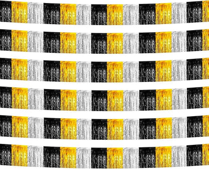 6 Pack 10 Feet Black Gold Silver Foil Fringe Garland Metallic Tinsel Streamers Banner Wall Hanging Backdrop Banner for Parade Floats, Thanksgiving, Christmas, Birthday, Halloween Party Decorations