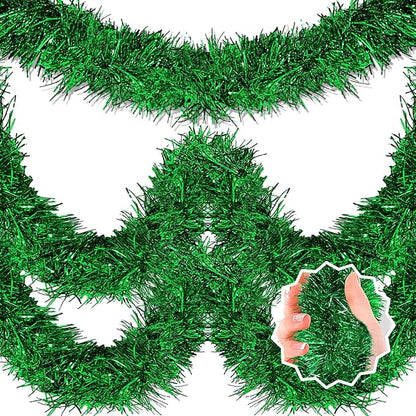 50 Feet Green Christmas Tinsel Garland, Metallic Foil Twist Banner Wall Hanging Tinsel Streamers Backdrop for Parade Floats, Christmas, Mother's Day, Birthday Party Decorations(2in x 50ft)