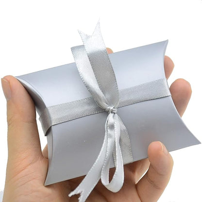 Aokbean 100 Pack Mini Pillow Candy Box Small Gift Boxes with 50 Yards Ribbon for Christmas Wedding Party Favor Gift, Jewelry or Soap Packaging (Pure Silver)