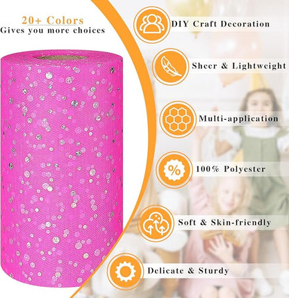 Glitter Tulle Rolls, 6' by 50 Yards (150FT) Sequin Tulle Netting Fabric for Tutu Skirts Sewing Birthday Wedding Party Decoration (Dark Pink)