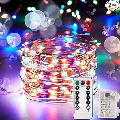 2 Pack 32.8 Ft. Battery Operated Outdoor String Lights with Remote & Timer, LED Multi Color Fairy Lights, Waterproof Twinkle Lights for Bedroom, Dorm, Mason Jar, Wedding, Party, Christmas