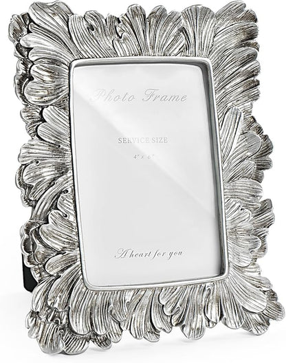 4x6 Silver Picture Frame, Vintage Silver Palm Leaves Textured Hand-Crafted Resin Frames with Glass Front, Elegant Retro Rustic Design Photo Frame for Wall and Tabletop Display Home Decor