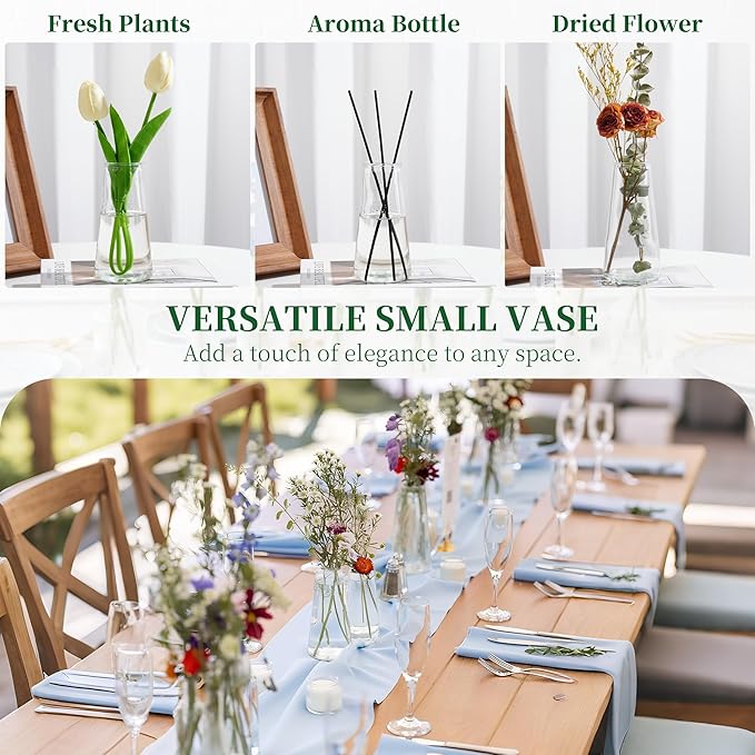 Glass Bud Vases for Centerpieces, Small Flower Vase in Bulk Set of 10, Modern Clear Mini VaseS for Rose Tulip, Wedding Party Dining Table Decor