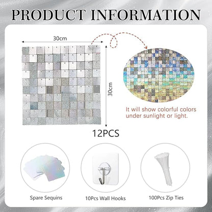 24PCS Silver Shimmer Wall Backdrop, Laser Square Sequin Photo Backdrops Panel, Glitter Wall Background for Birthdays, Weddings, Christmas, Engagements, Disco Bachelorette Party Decoration (4FTx6FT)