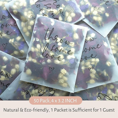 Rainbow Pana 50 Pack Prefilled Confetti Packets | Biodegradable Confetti, Dried Flower Petals | Real Flower Petals to Throw at Wedding, Glassine Bags Rose Petals Wedding Send Off Ideas