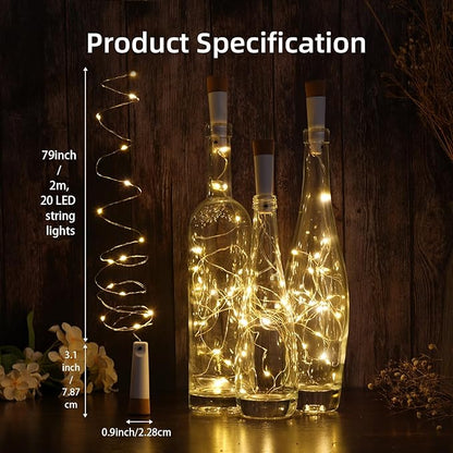 Wine Bottle Lights - 4 Pack Rechargeable Battery Operated 140mAh 20 LED Bottle Stoppers，8 Light Modes Switching,Perfect for Christmas, Weddings, Halloween, and More(Warm)
