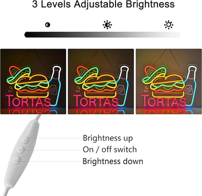 CNBEYOUNG Tortas Neon Sign, Neon Lights Hanging Wall Art Decoration for Mexican Restaurants Shop Bar Food Truck Kitchen Party Home Decor, USB - Driven, Super Bright & Adjustable,16.54x 12.6inches