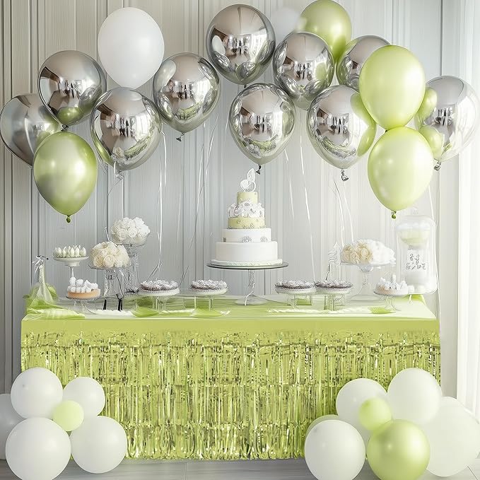 2 Pack Lime Green Table Skirts, 29x108" Metallic Foil Tinsel Fringe Table Skirt for Rectangle Tables Streamer Curtains Backdrop, Party Decorations for Birthdays, Weddings, Holidays