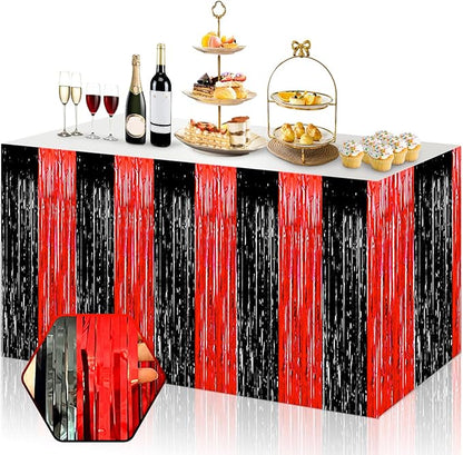3 Pack 29x108 Inch Black Red Foil Fringe Table Skirts Metallic Banner for Tinsel Streamer Garland Backdrop for Parade Floats Wedding Thanksgiving Birthday Christmas Halloween Party Decoration