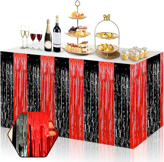 3 Pack 29x108 Inch Black Red Foil Fringe Table Skirts Metallic Banner for Tinsel Streamer Garland Backdrop for Parade Floats Wedding Thanksgiving Birthday Christmas Halloween Party Decoration