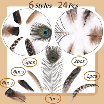 Holmgren 24pcs Natural Feathers Bulk - 6 Styles Assorted Peacock, Pheasant, Turkey Feathers for Craft DIY Jewelry Hat Wedding Home Party Decoration
