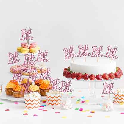 24 PCS Fall in Love Cupcake Toppers Glitter Fall Theme Party Cupcake Picks Bridal Shower Cupcake Decorations for Autumn Wedding Engagement Anniversary Birthday Party Cake Decorations Supplies Pink