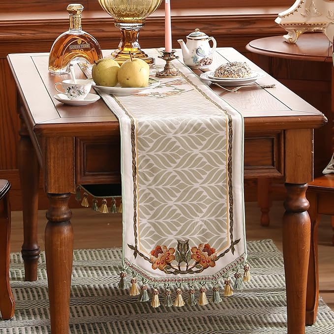 patdrea Designer Elegant French Floral Velvet Table Runner 87 Inch Long, Green with Orange Blossoms Pattern Table Mat, Decor for Kitchen Dining Coffee Table Cabinet Banquet Thanksgiving,12"*87"
