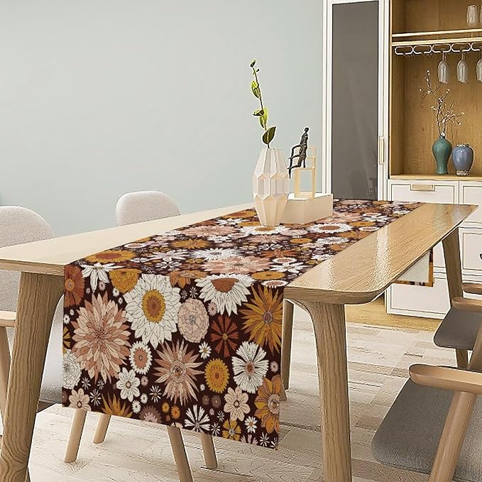 Boho Floral Table Runner, Vintage Country Farmhouse Daisy Flowers Modern Kitchen Dining Room Decoration for Indoor and Outdoor Wedding Party Banquet Table Runner 13x120 Inch