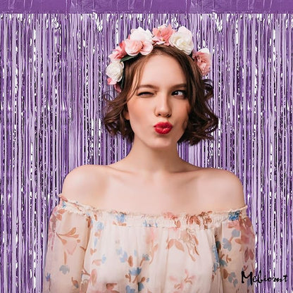 4 Pack Light Purple Fringe Curtain Backdrop, 3.2Ft x 6.6Ft Metallic Tinsel Foil Fringe Streamers Curtains Background for Photo Booth Birthday Baby Shower Party Thanksgiving Christmas Decorations
