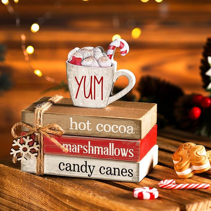 4 Pcs Christmas Table Decorations Winter Snowflake Tiered Tray Decorations Decorative Mini Wooden Books Subject Signs Block Centerpiece for Office Tabletop Shelf Housewarming Gifts