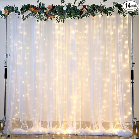 White Backdrop Curtains with Lights String for Wedding Parties 10×10ft Sheer Tulle Backdrop Curtain for Bridal Shower Baby Shower Birthday Party Photo Shoot Background Decorations(2 Panels 10ft×10ft)