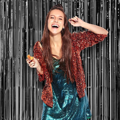 2 Pack Laser Black Foil Fringe Backdrop Curtains, Tinsel Streamers Birthday Party Decorations, Fringe Backdrop for Graduation, Baby Shower, Gender Reveal, Disco Party