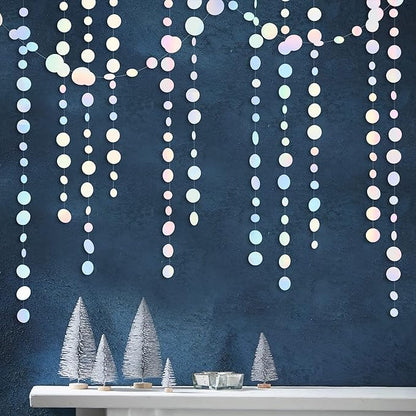 46 Ft White Iridescent Circle Dots Garland Hanging Holographic Polka Dots Streamer for Birthday Bachelorette Engagement Wedding Bridal Shower Galaxy Pastel Winter Christmas Party Decorations Supplies