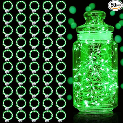 Aogist 50 Pack Fairy Lights 3 Modes 7ft 20 LED Waterproof,Battery Operated Silver Wire Firefly Starry Moon Mini String Lights for Mason Jars Christmas DIY Crafts Wedding Party Bedroom,Green