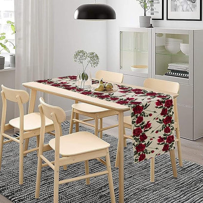 Rose Table Runner, Retro Red Rose Flowers Green Leaves Valentine's Day Kitchen Dinning Table Runner for Indoor Outdoor Home Wedding Party Holiday, 13x36 Inch
