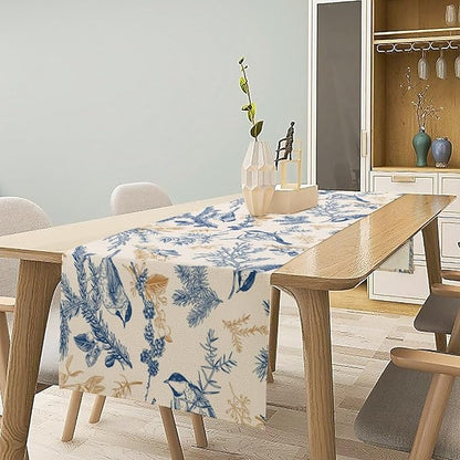 Chinoiserie Flowers Table Runner, Seasonal Spring Fall Plants Blue Florals Birds Dinner Runner for Home Kitchen Dining Table Party Holiday Decoration 13"x60"