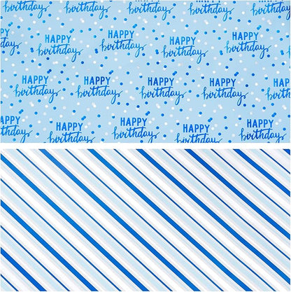 LeZakaa Reversible Blue Birthday Wrapping Paper Roll for Boys Men, Happy Birthday Lettering & Stripe Pattern with Metallic Foil in Blue, 30in x 32.8Ft