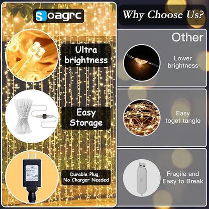 300 LED Curtain String Lights 9.8FT Plug in Fairy Lights with Timer and 8 Modes, Waterproof Window Wall Lights for Bedroom Wedding Party Indoor Outdoor Christmas Decor