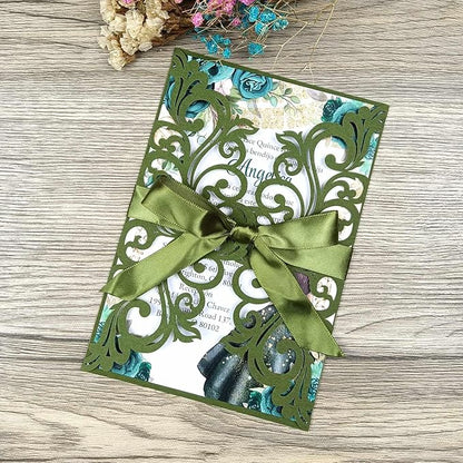 25PCS Olive Green Laser Cut Wedding Invitations Cards with Envelopes,Blank Inner Sheets,Ribbons for Wedding Bridal Shower Quinceañera Engagement Birthday Invites