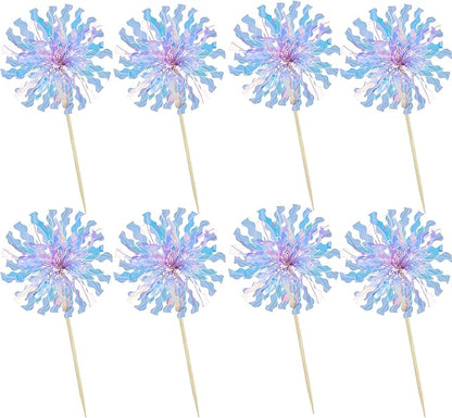 Ephlyn 30Pcs Foil Firework Cupcake Toppers Party Birthday Cake Toppers Supplies Sparkle Tinsel Cocktail Fruit Toothpick for Birthday Wedding Graduation Party Light Blue