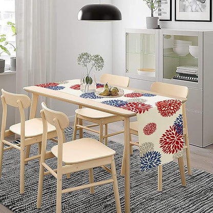 4th of July Table Runner, Blue Red Dahlia Flower American Patriotic Memorial Day Table Runner for Farmhouse Kitchen Dining Table Party Decor, 13x90inch