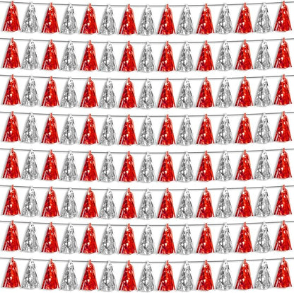 8P Red Silver Foil Fringe Metallic Tassel Streamers Banner Tassel Garland for Parade Floats, Bachelorette, Wedding, Birthday, Halloween, Christmas, Bridal/Baby Shower Party Decorations