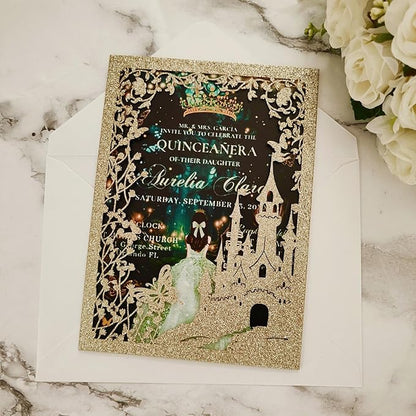 20PCS Castle Pocket Invitations, Quinceanera Invitations with Envelopes, Princess Invitation, Laser Cut quince invites (glitter light gold)