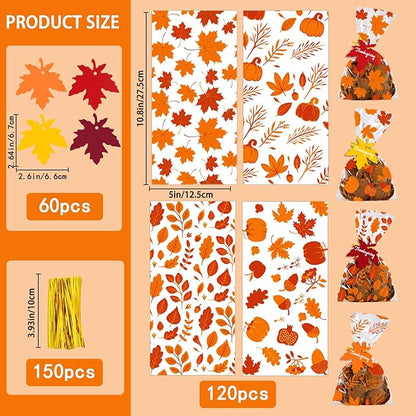 YUJUN 120 PCS Fall Cellophane Treat Bags,Maple Leaves Gift Goodie Candy Autumn Clear Cello Bags with 60 Pieces Maple Leaves Tags for Fall Autumn Thanksgiving Theme Party Favor Supplies(4 Styles)