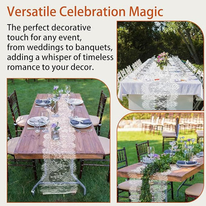 HAIBAS 6 Pcs White Lace Table Runners 14 x 120 Inch Boho Rose Embroidered Floral Vintage Rustic Table Decoration for Wedding Party Bridal Shower Decorations