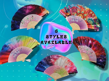 Rave Fan - Large Folding Fans (2 Pack) - Holder - Floral Paradise Design for Festivals, EDM, Burlesque, Drag Queen, Raver Gifts