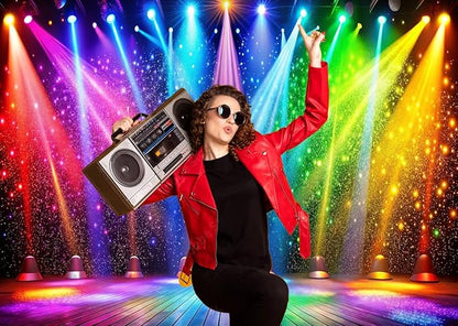 LTLYH 10x8ft Fabric Disco Rainbow Stage 70s 80s 90s Backdrop Vintage Lights Photography Background Rock Music Club Neon Glow Party Decorations Photo Banner 312